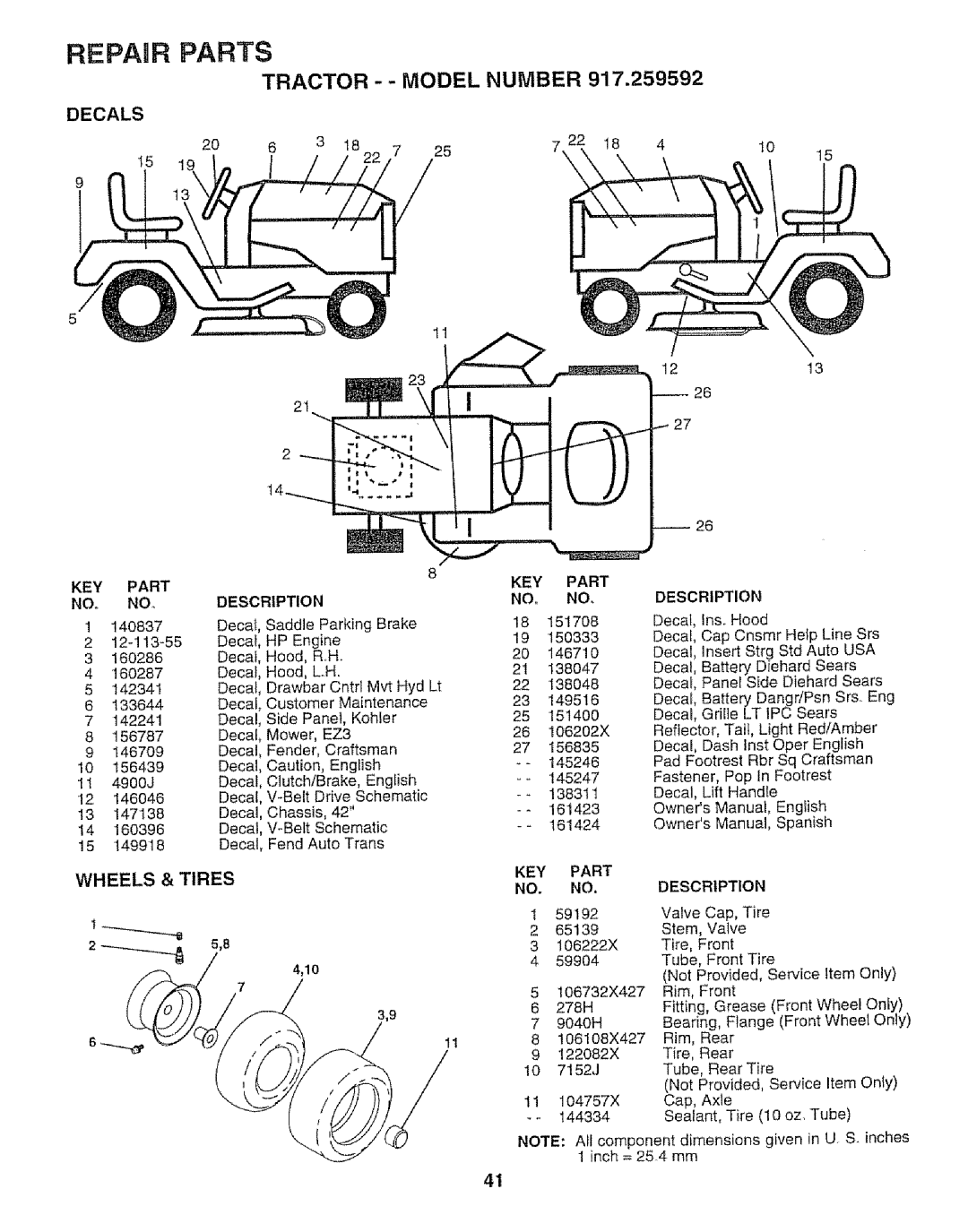 Craftsman 917.259592 owner manual REPAnR PARTS, Decals, Wheels & Tires, Tractor - - Model Number 