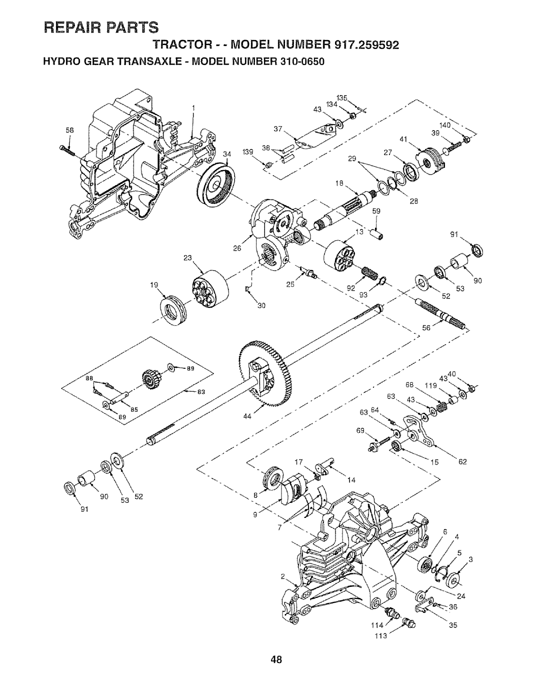 Craftsman 917.259592 owner manual Hydro Gear Transaxle - Model Number, Repair Parts, Tractor - - Model Number 