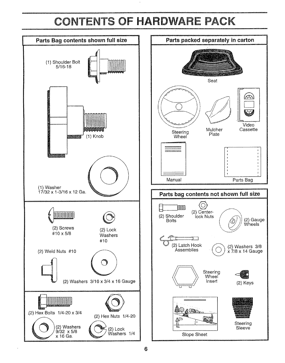 Craftsman 917.259592 Contents Of Hardware Pack, Parts Bag contents shown full size, Parts packed separately in carton 