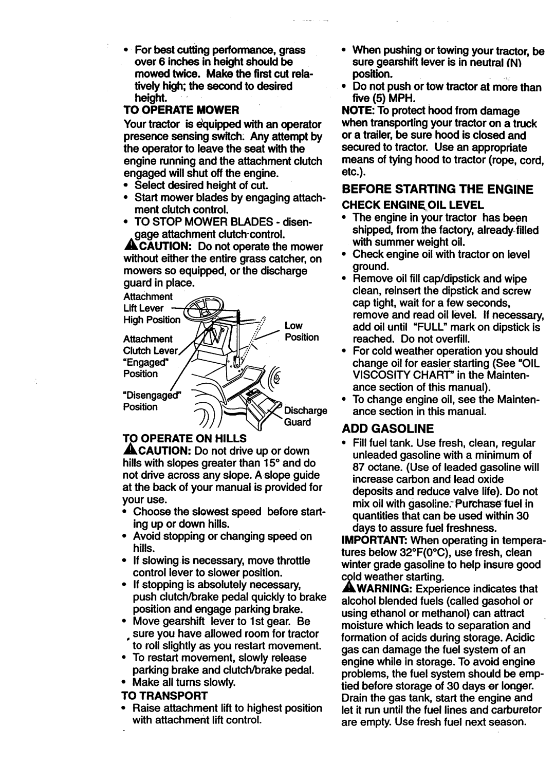 Craftsman 917.270512 owner manual Before Starting the Engine, ADD Gasoline 