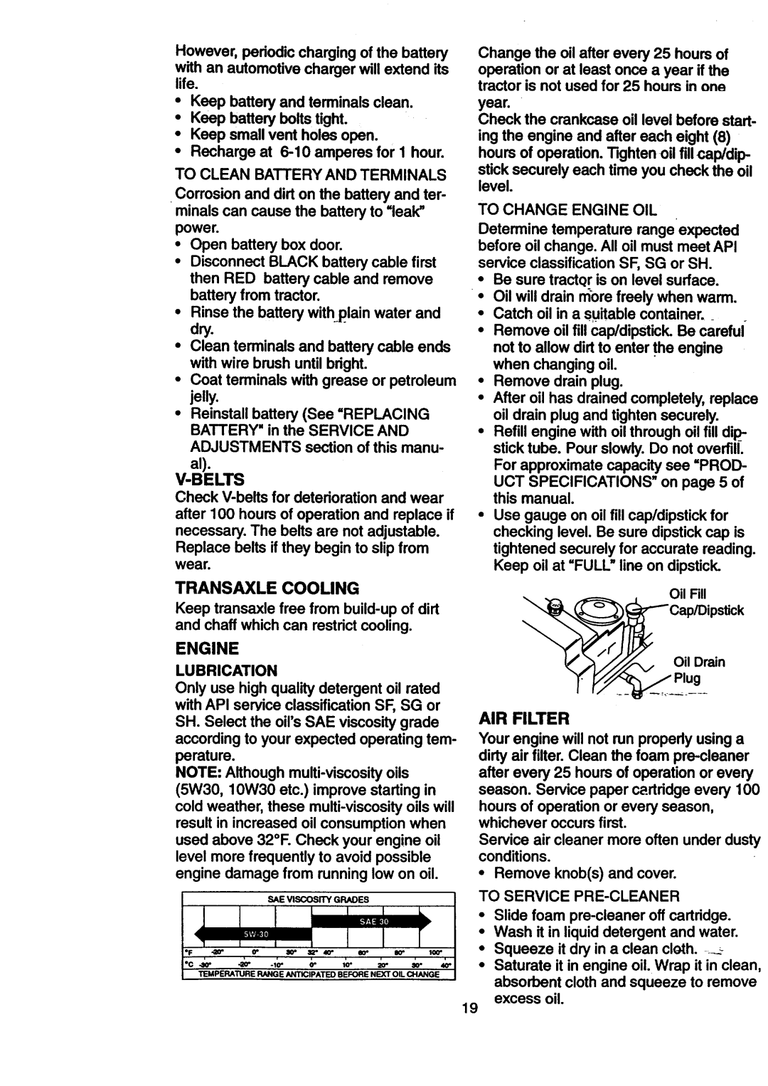 Craftsman 917.270512 owner manual Belts, Transaxle Cooling, Engine, AIR Filter 