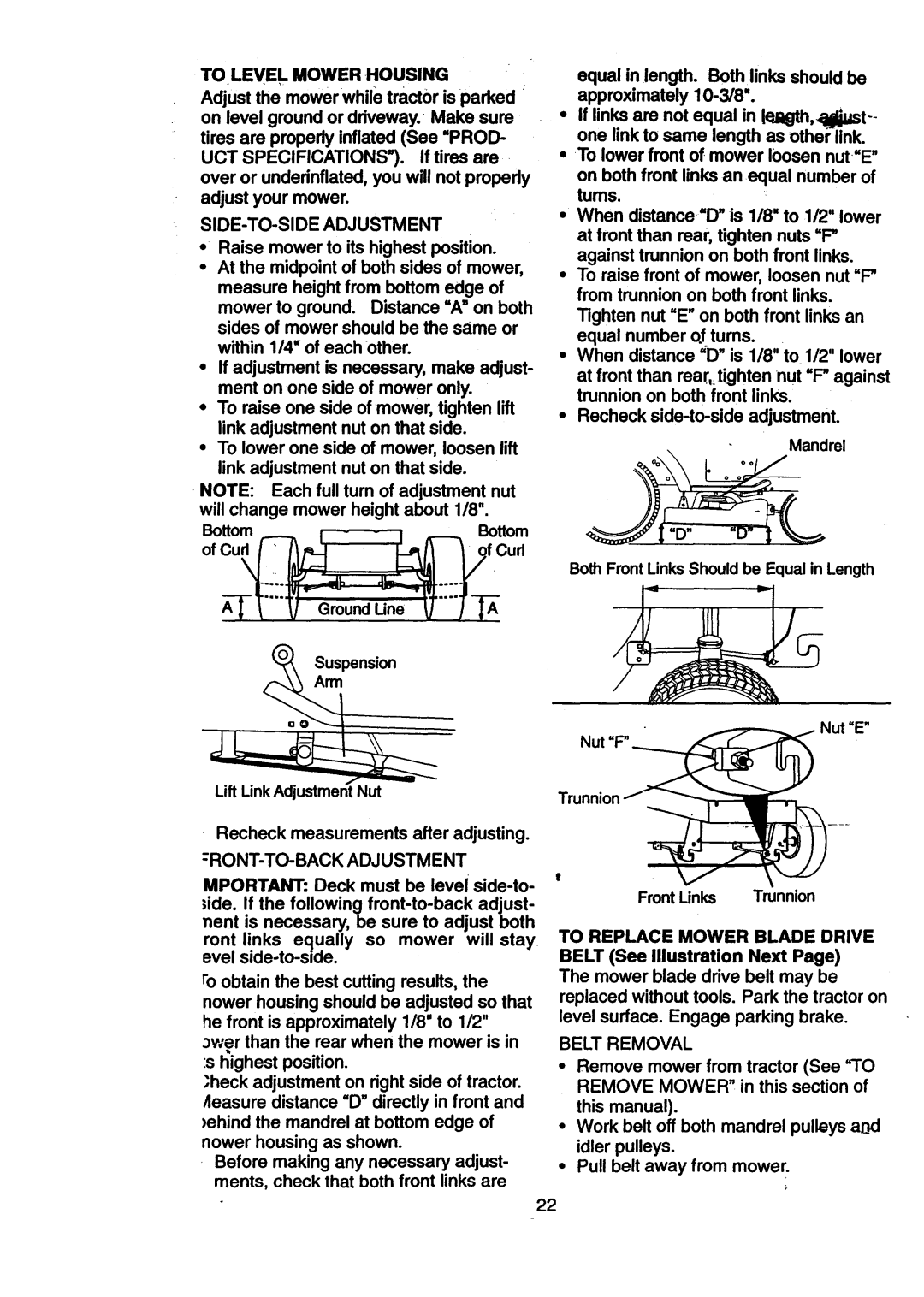 Craftsman 917.270512 owner manual To Level Mowerhousing, Side-To-Sideadjustment, To Replace Mower Blade Drive 