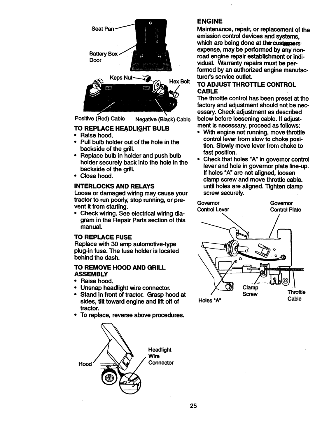 Craftsman 917.270512 To Adjust Throttle Control Cable, To Replace HEADLIG.HT Bulb, Interlocks and Relays, To Replace Fuse 