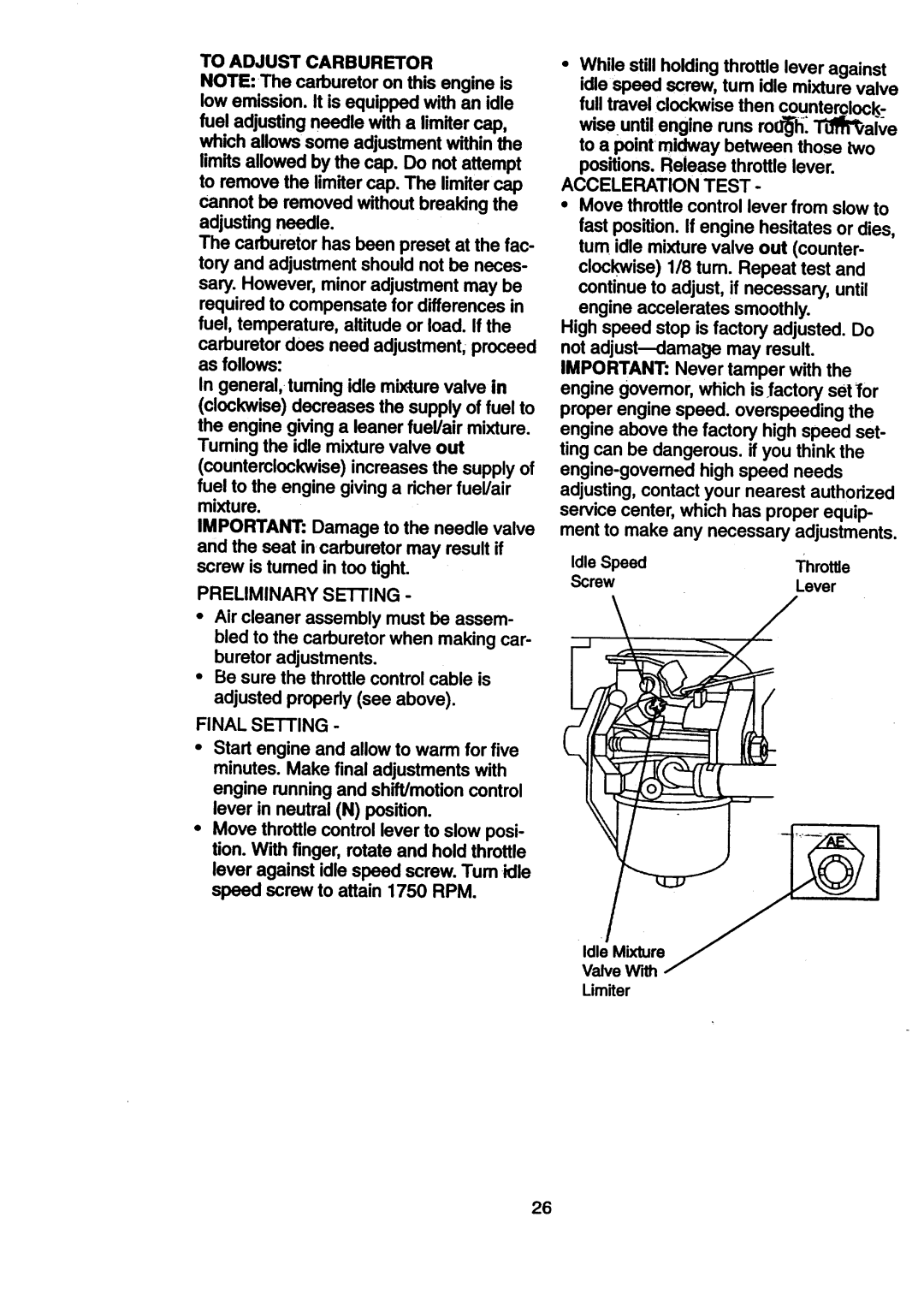 Craftsman 917.270512 owner manual Toadjust Carburetor, Preliminary Setting, Final Setting, Acceleration Test 