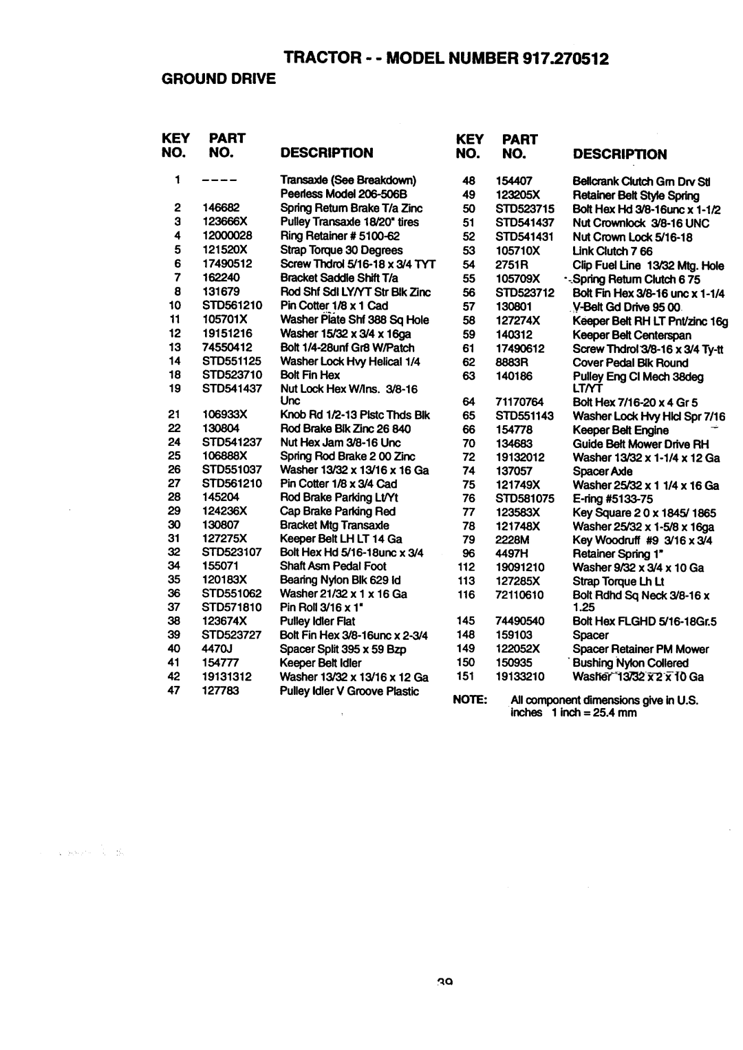 Craftsman 917.270512 owner manual Tractor - Model Number Ground Drive, KEY Part Description 