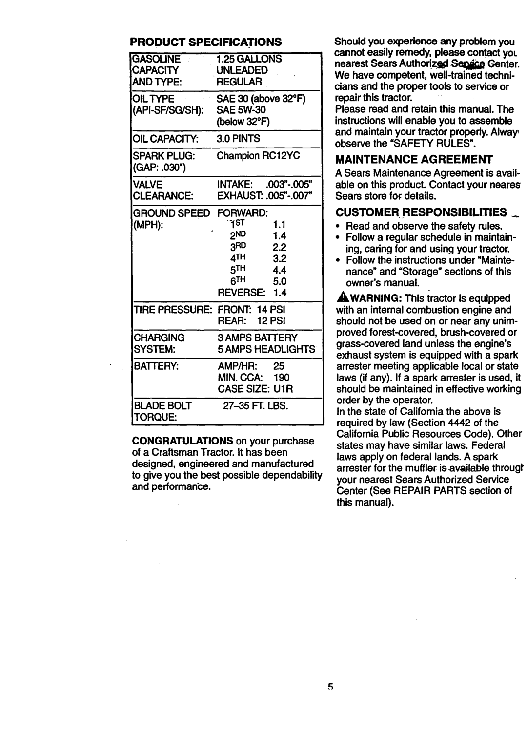 Craftsman 917.270512 owner manual Product Specifications, Maintenance Agreement 