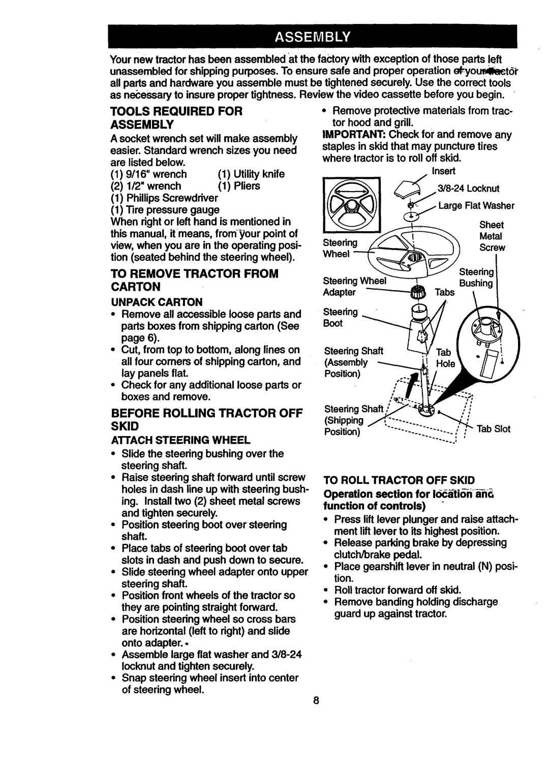 Craftsman 917.270512 Tools Required For, Assembly, To Remove Tractor from, Carton, Before Rolling Tractor OFF Skid 