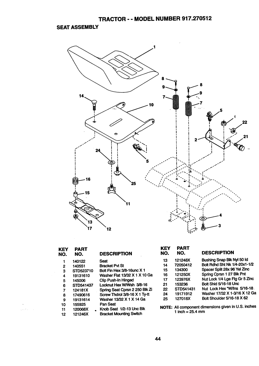 Craftsman 917.270512 owner manual Tractor - - Model Number Seat Assembly 