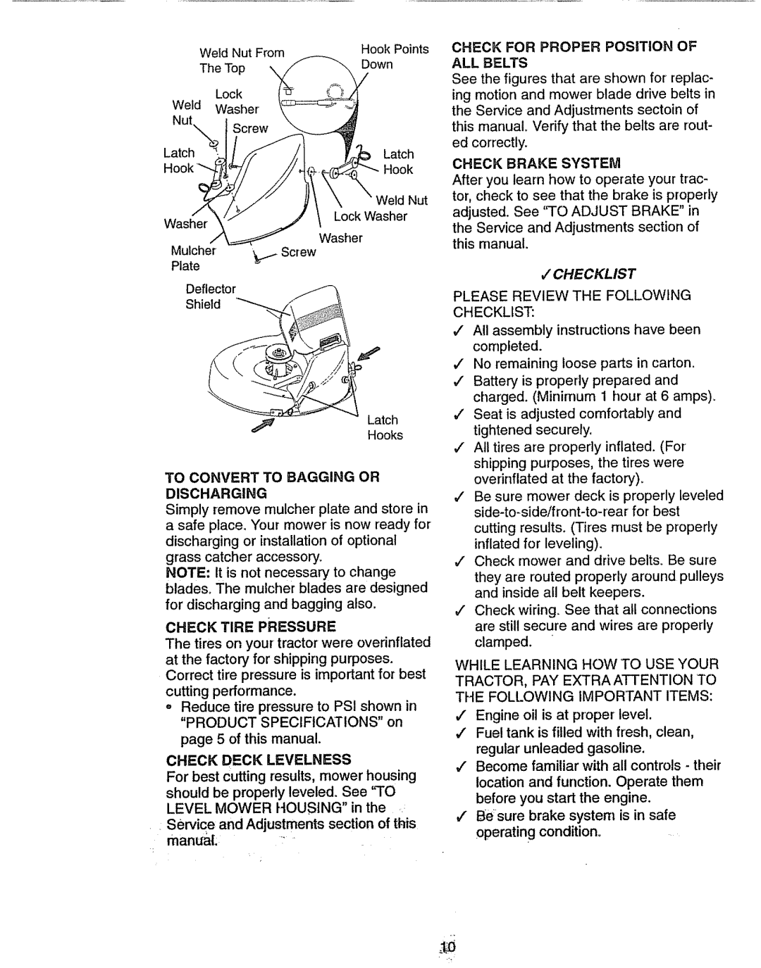 Craftsman 917.270631 owner manual Check Tire Pressure, Check Deck Levelness, Check Brake System 