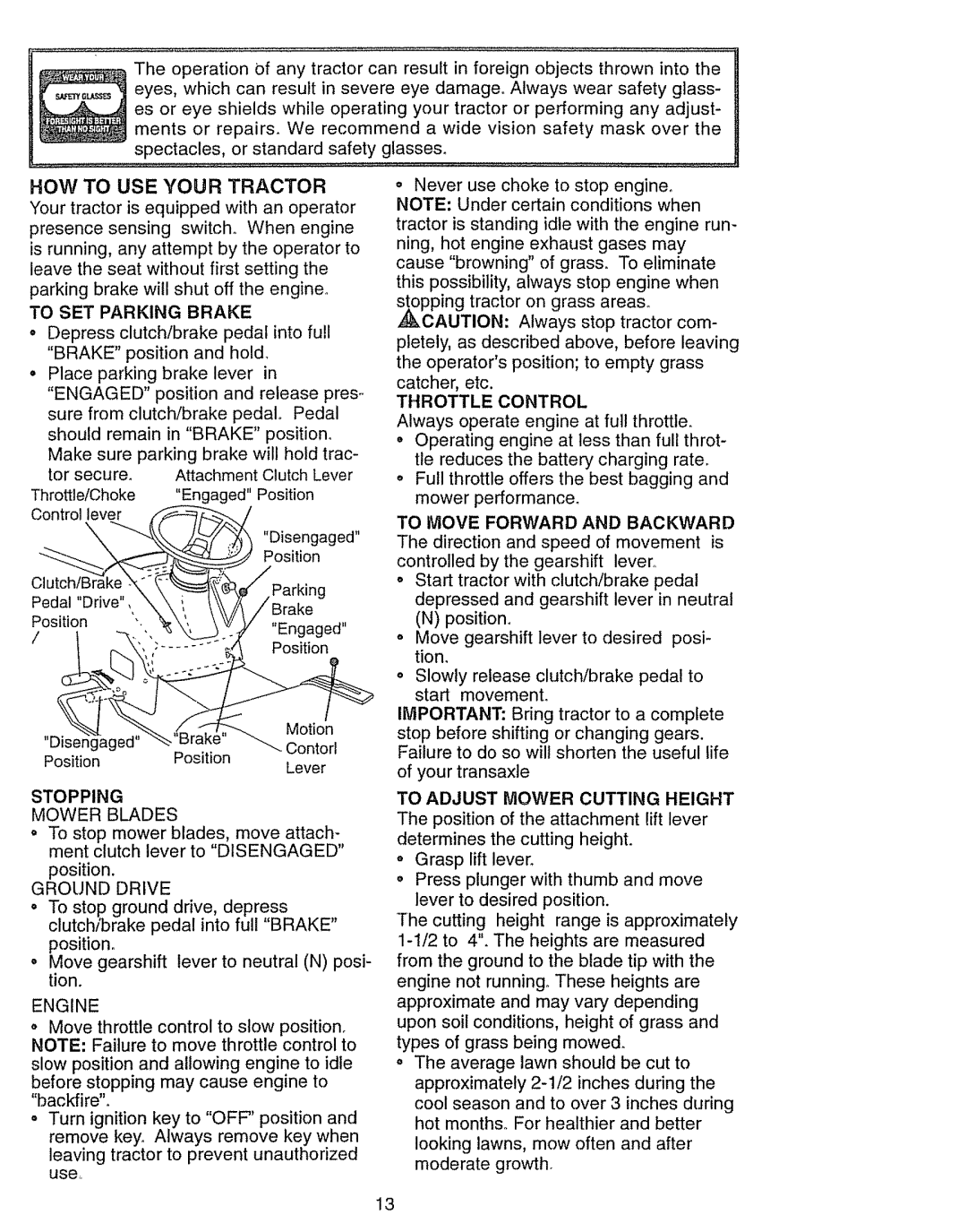 Craftsman 917.270631 HOW to USE Your Tractor, To SET Parking Brake, Throttle Control, Stopping Mower Blades, Ground Drive 