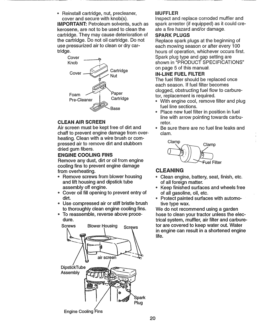 Craftsman 917.270631 owner manual Clean AIR Screen, Muffler, Spark Plugs, IN-LINE Fuel Filter, Cleaning 