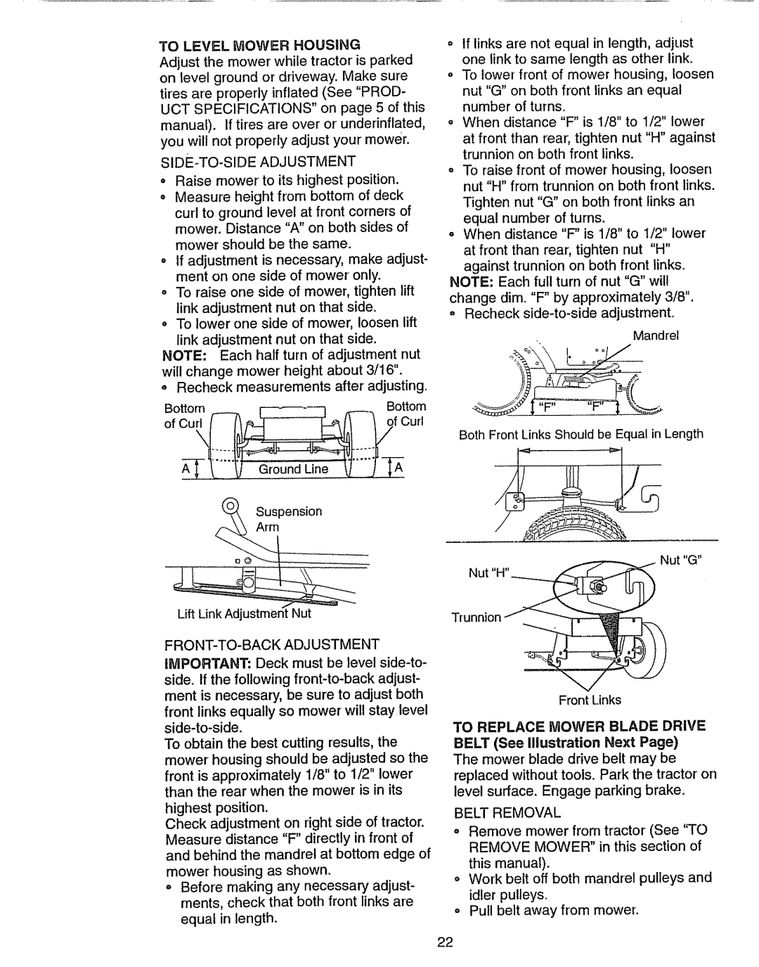 Craftsman 917.270631 owner manual To Level Mower Housing, To Replace Mower Blade Drive, Belt Removal 