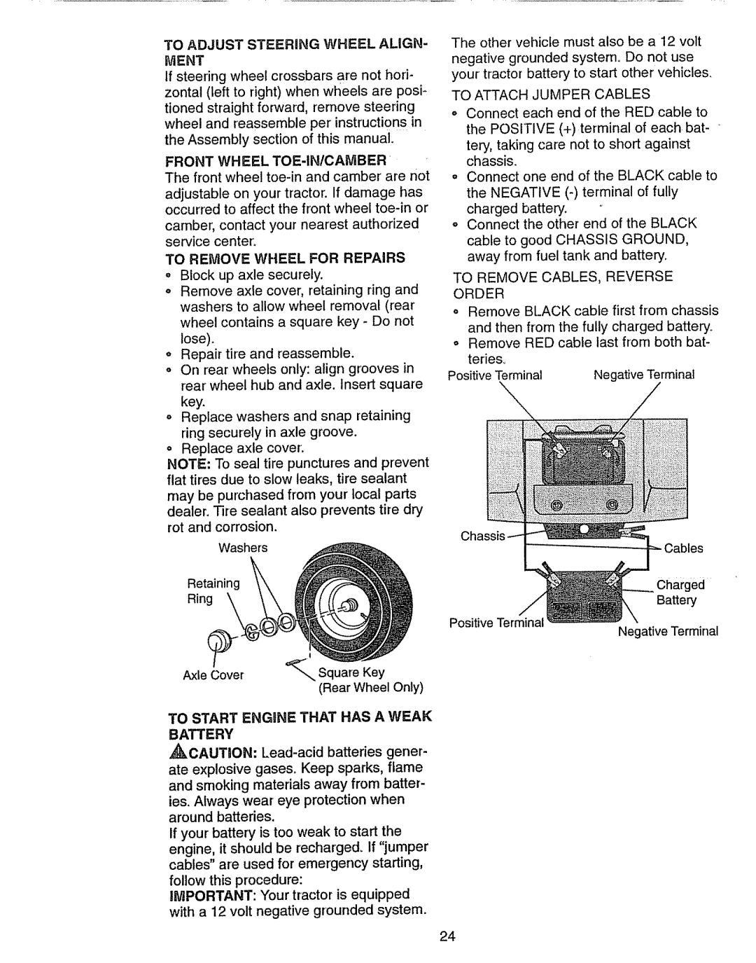 Craftsman 917.270631 owner manual To Adjust Steering Wheel Align, To Start Engine That has a Weak Battery 