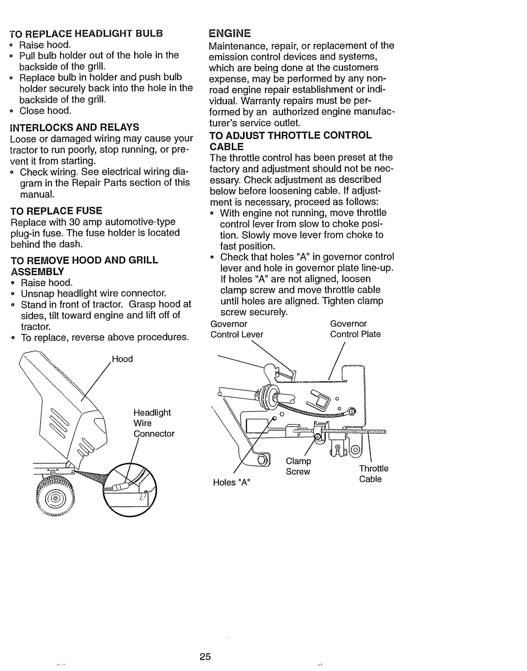 Craftsman 917.270631 owner manual Interlocks and Relays, To Replace Fuse, To Remove Hood and Grill Assembly, Engune 