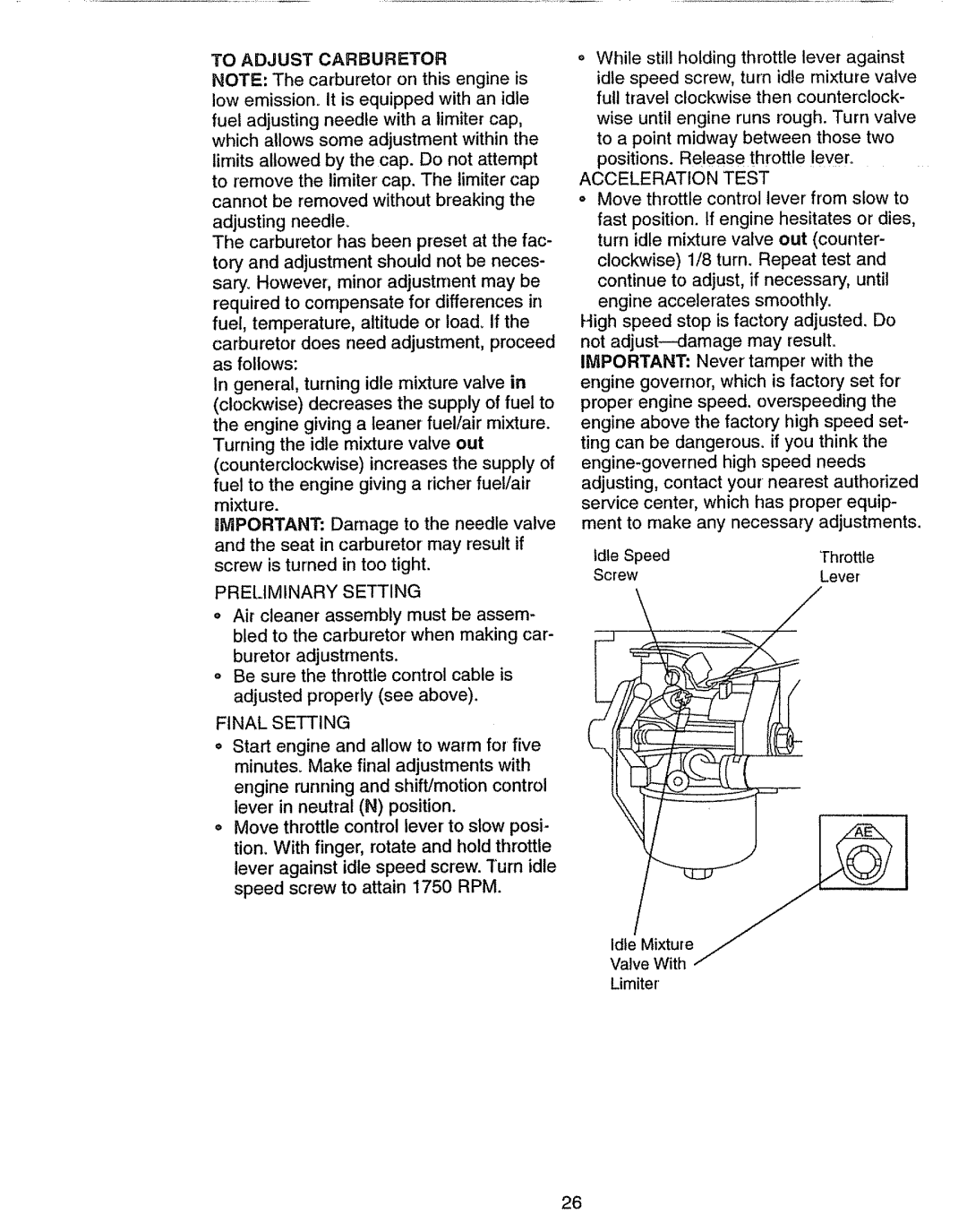 Craftsman 917.270631 owner manual To Adjust Carburetor, Preliminary Setting, Final Setting, Acceleration Test 