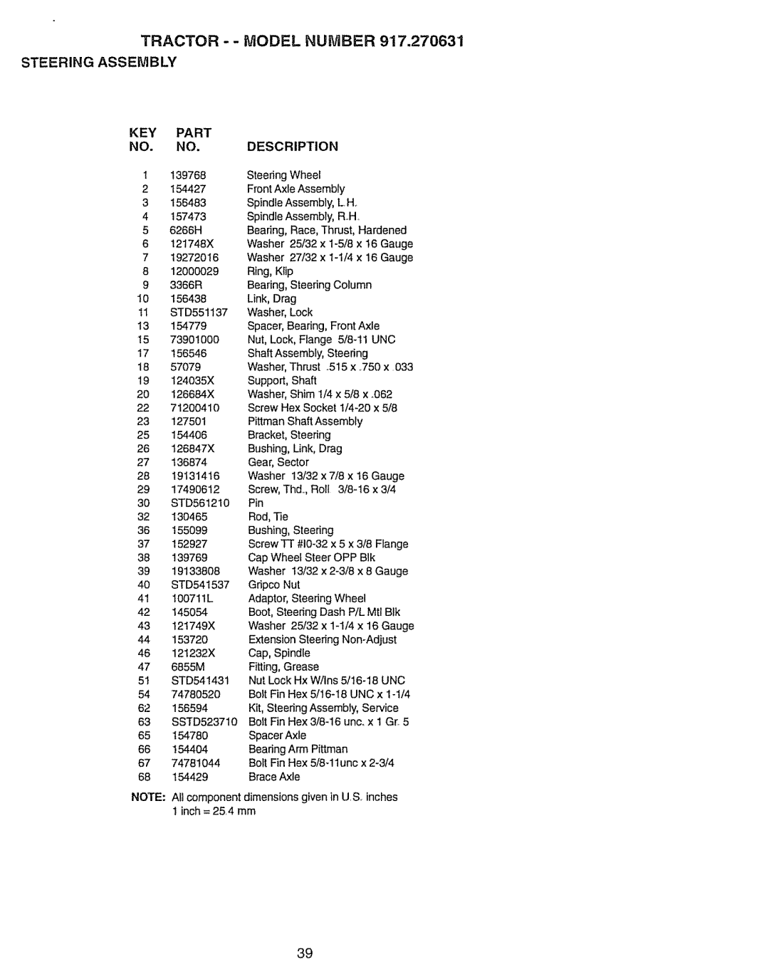 Craftsman 917.270631 owner manual Tractor - Model Number, Steering Assembly, KEY Part NO. NO.DESCRIPTION 