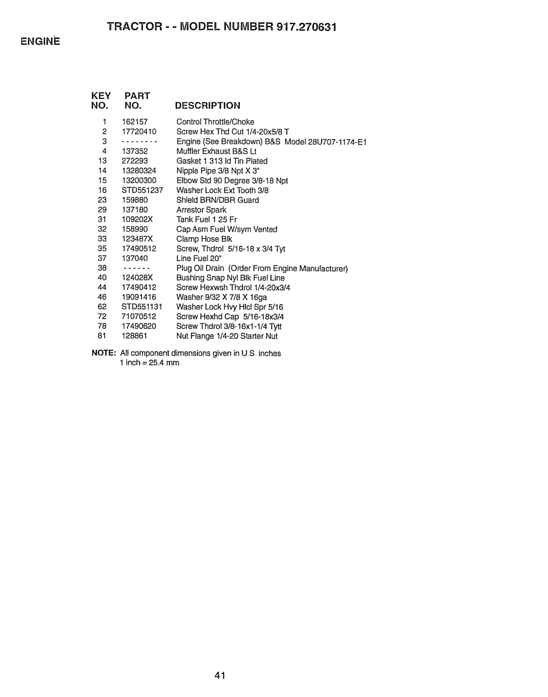 Craftsman 917.270631 owner manual Tractor - Model Number, Key 