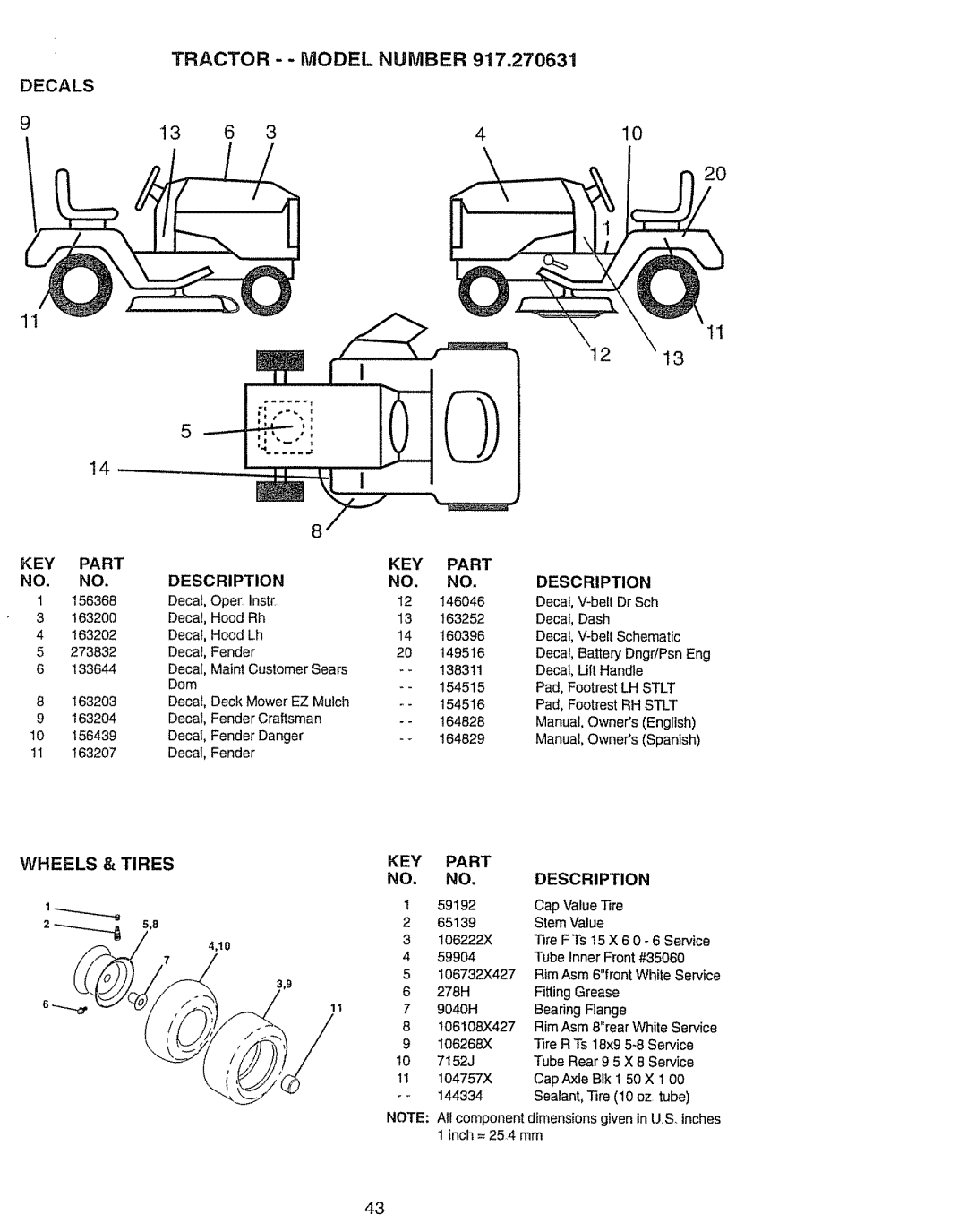 Craftsman 917.270631 owner manual Tractor -- Model Number, Decals, Wheels & Tires 