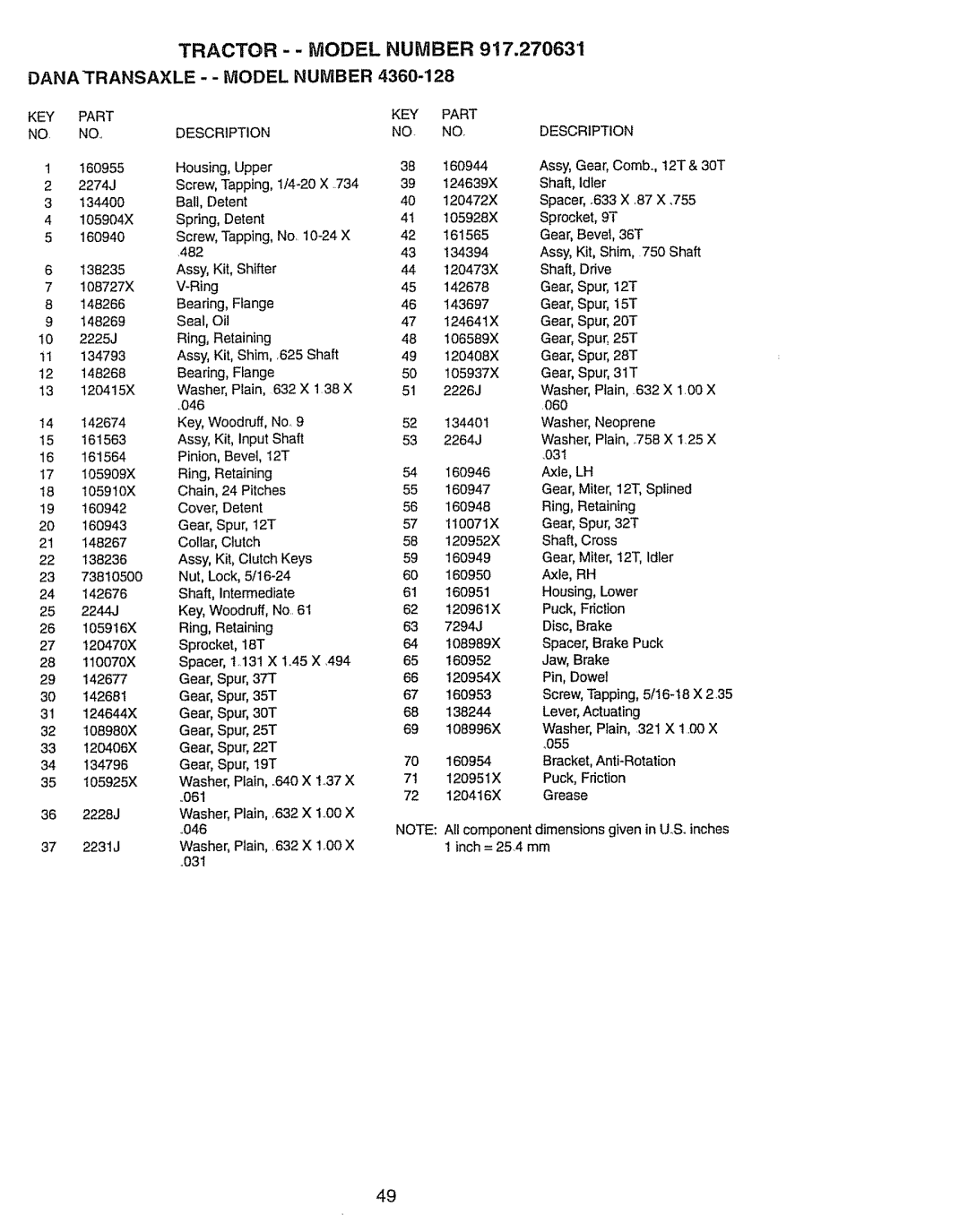 Craftsman 917.270631 owner manual Tractor, Danatransaxle - Model Number 