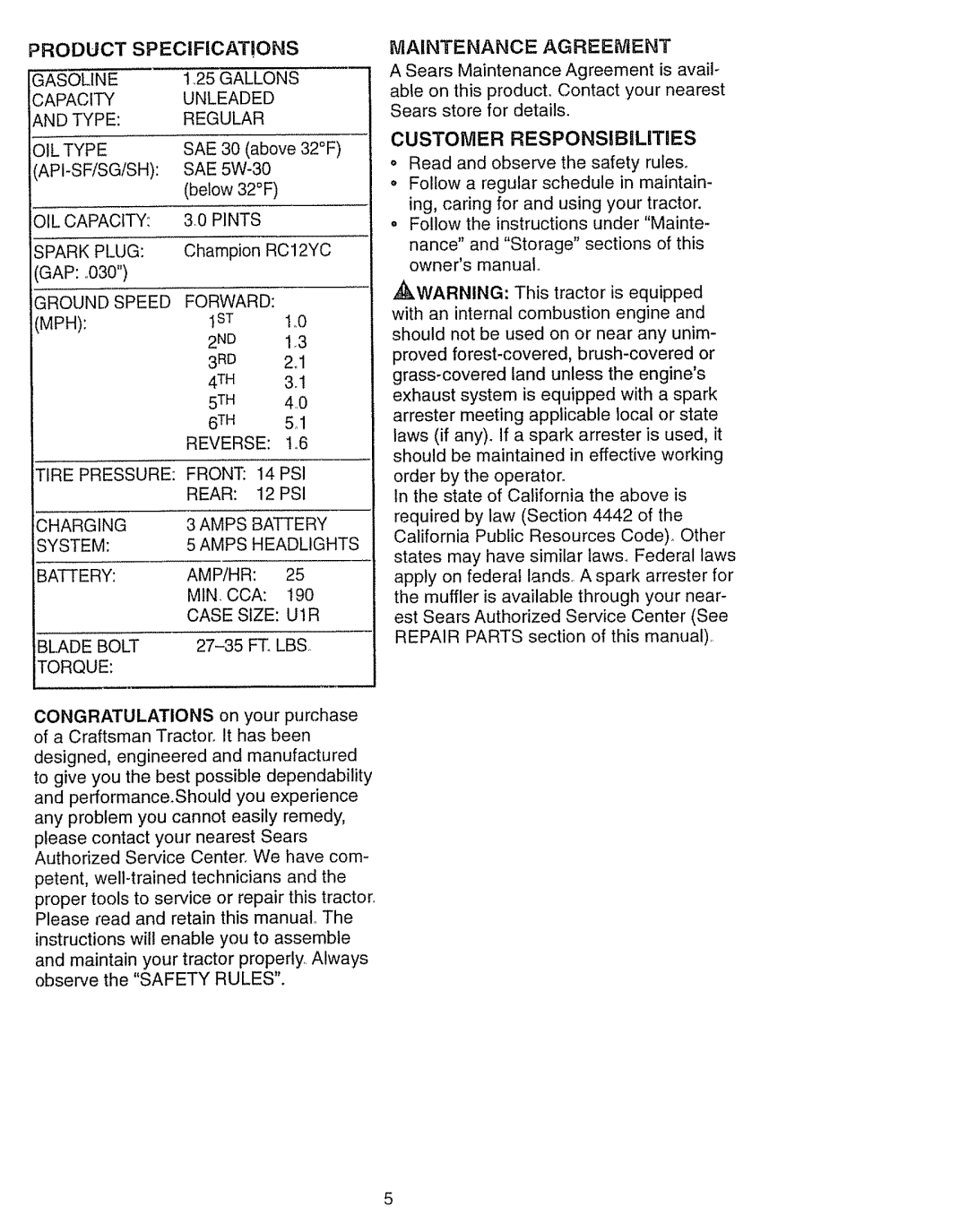 Craftsman 917.270631 owner manual Product Specifications 