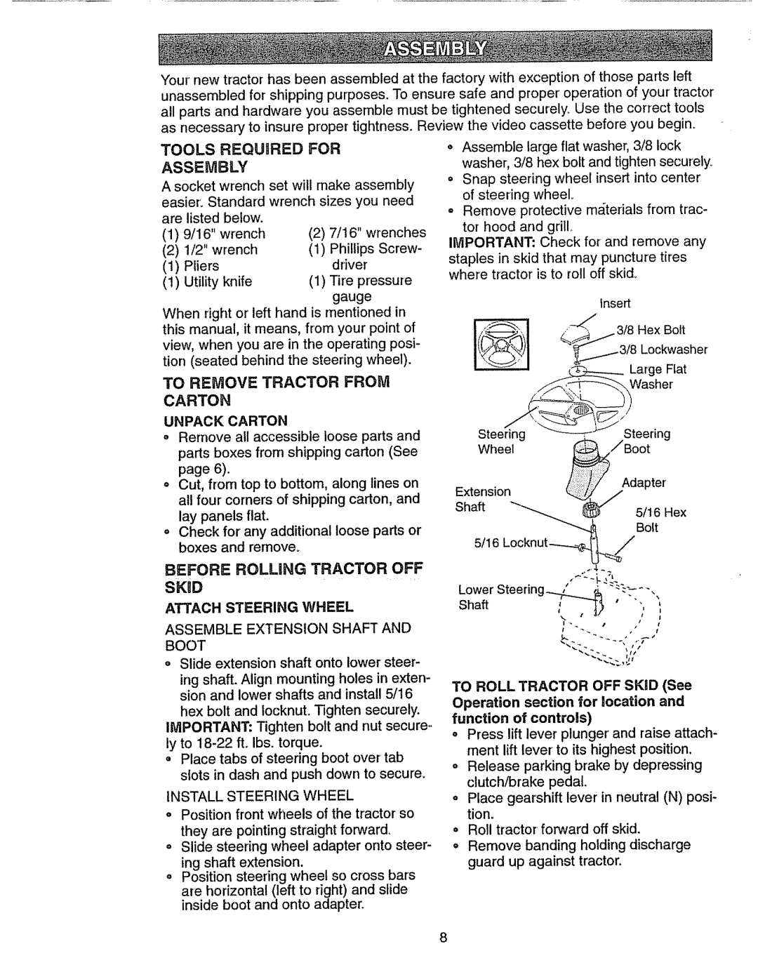 Craftsman 917.270631 To Remove Tractor from Carton Unpack Carton, Before Rolling Tractor OFF, Attach Steering Wheel 