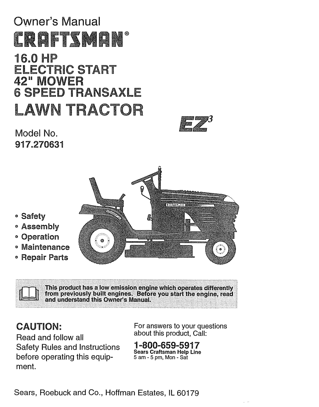 Craftsman 917.270631 owner manual Model No, o Safety o Assembly Operation, oMaintenance o Repair Parts, Lawn 