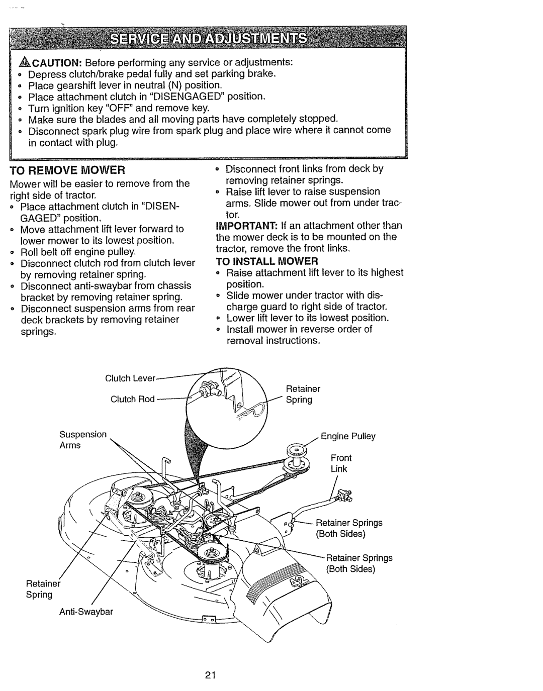 Craftsman 917.270631 owner manual To Remove Mower, To Install Mower 
