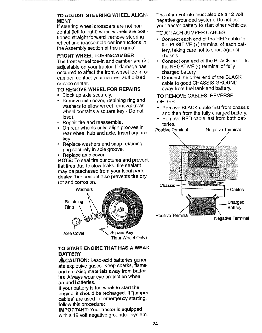 Craftsman 917.270631 owner manual To Adjust Steering Wheel Align, To Start Engine That Has A Weak Battery 