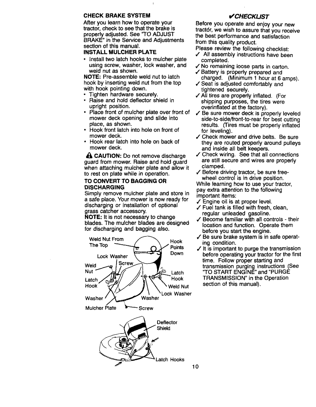 Craftsman 917.27066 owner manual Checklist, Install Mulcher Plate, To Convert to Bagging or, Discharging, Transmission 