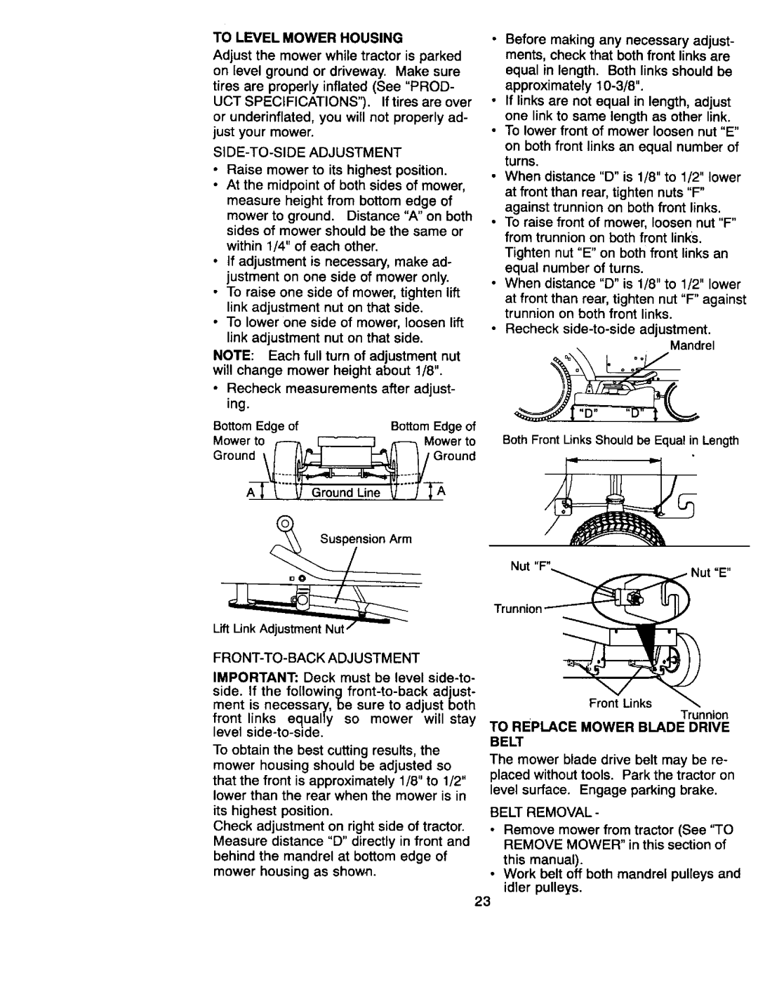 Craftsman 917.27066 owner manual Raise mower to its highest position, Nut F, Front Links, To Replace Mower Blade Drive Belt 