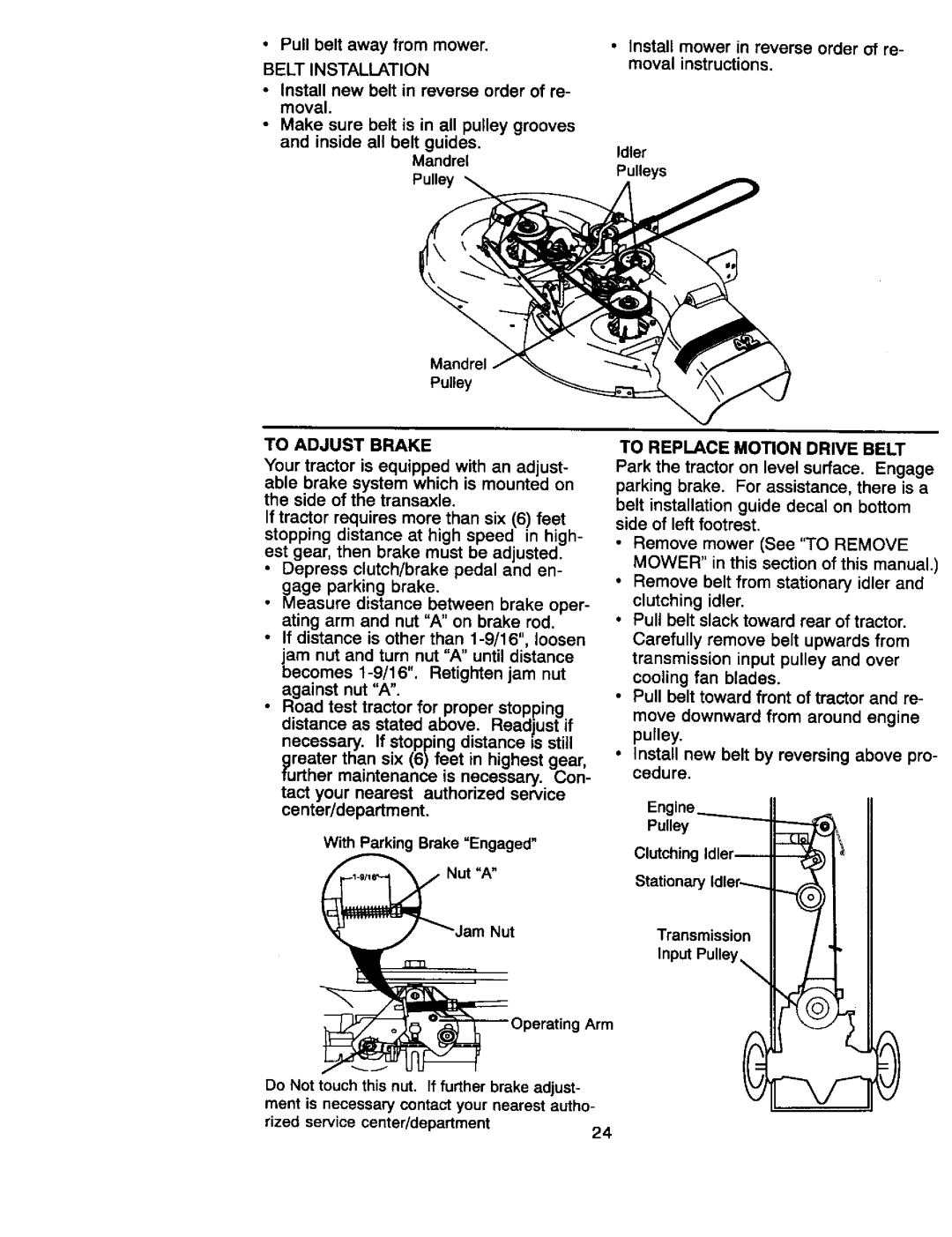 Craftsman 917.27066 owner manual Pulley, To Adjust Brake, Center/department, Nut 