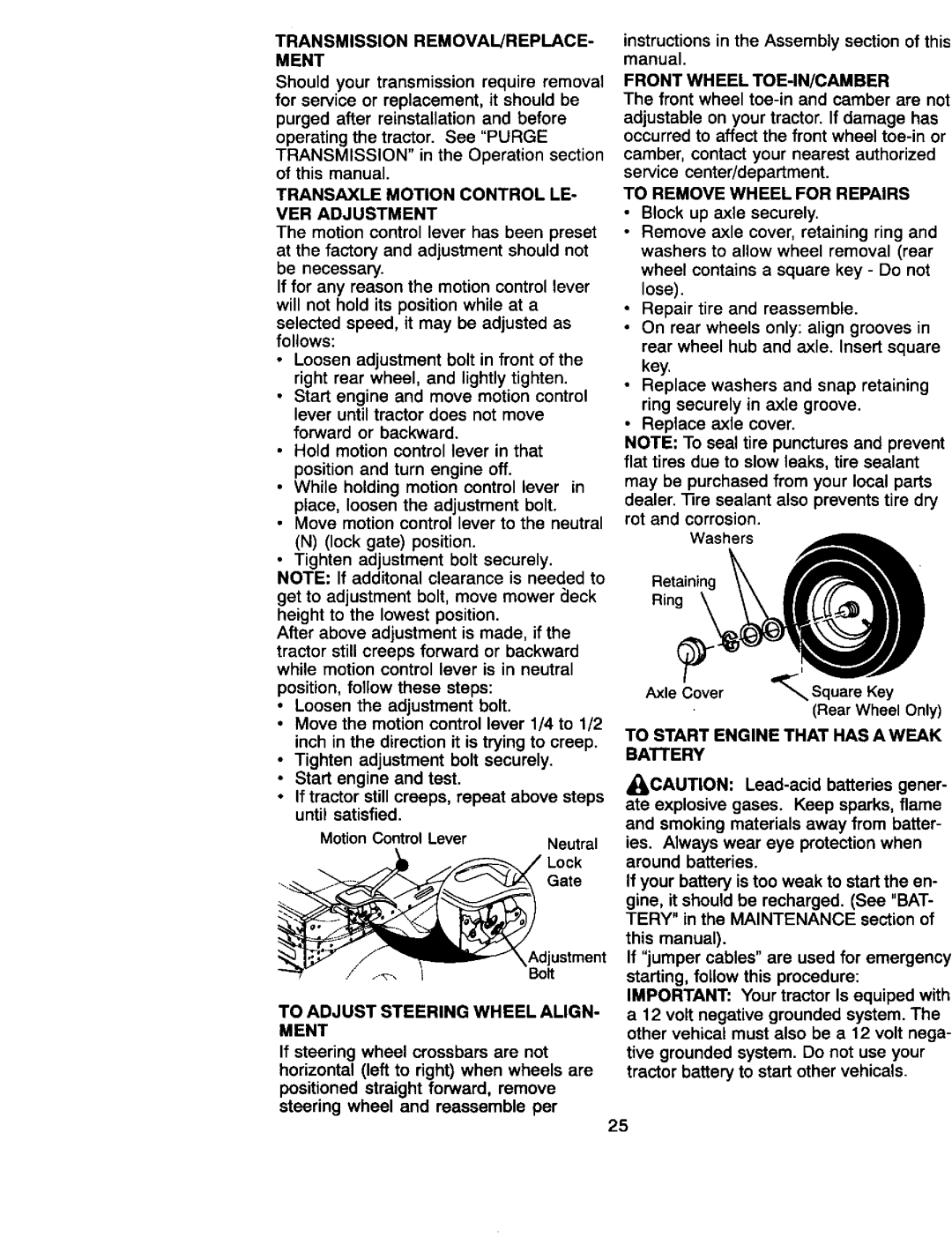 Craftsman 917.27066 owner manual Transmission REMOVAL/REPLACE- Ment, Transaxle Motion Control LE- VER Adjustment 