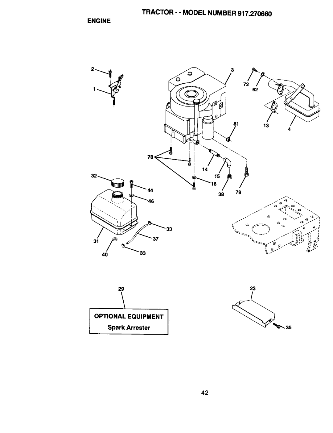 Craftsman 917.27066 owner manual Tractor - Model Number Engine, OPTIONALSpark ArresterEQUIPMENT 