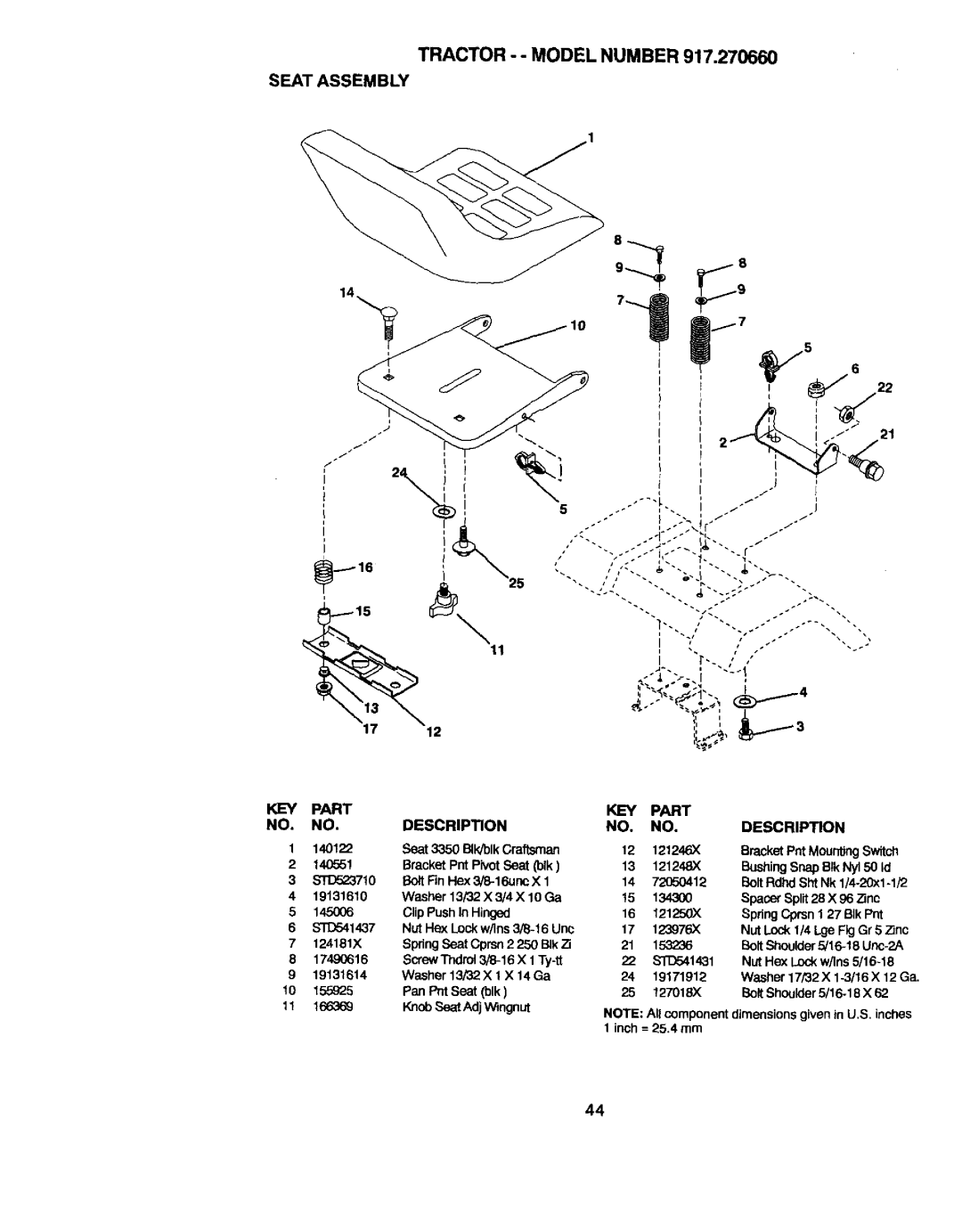 Craftsman 917.27066 owner manual Tractor --MODEL Number Seat Assembly, Key, KEY Part, Inch= 25Amm 