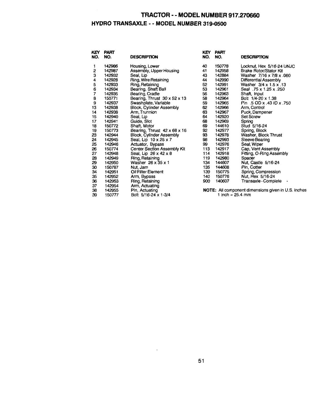 Craftsman 917.27066 owner manual 16 x 7/8 x, X 1.5 x, 135 144608 Pin, Cotter 142951 Oil Filter Element 139 150775 