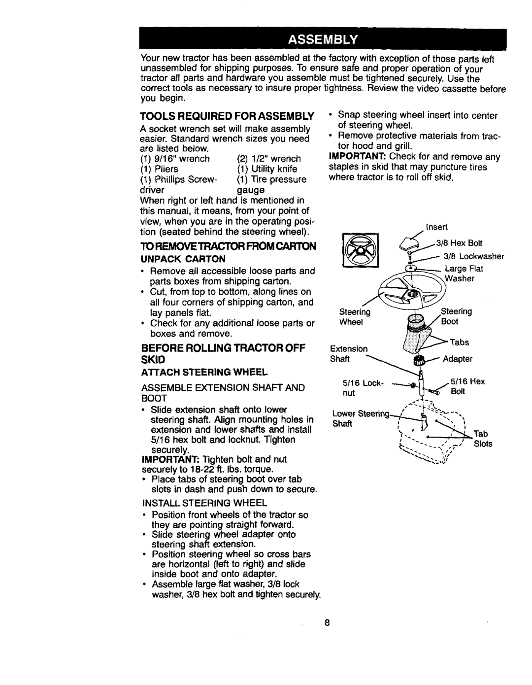 Craftsman 917.27066 owner manual To Remove Tractor from Carton, Before Rolung Tractor OFF Skid Attach Steering Wheel 