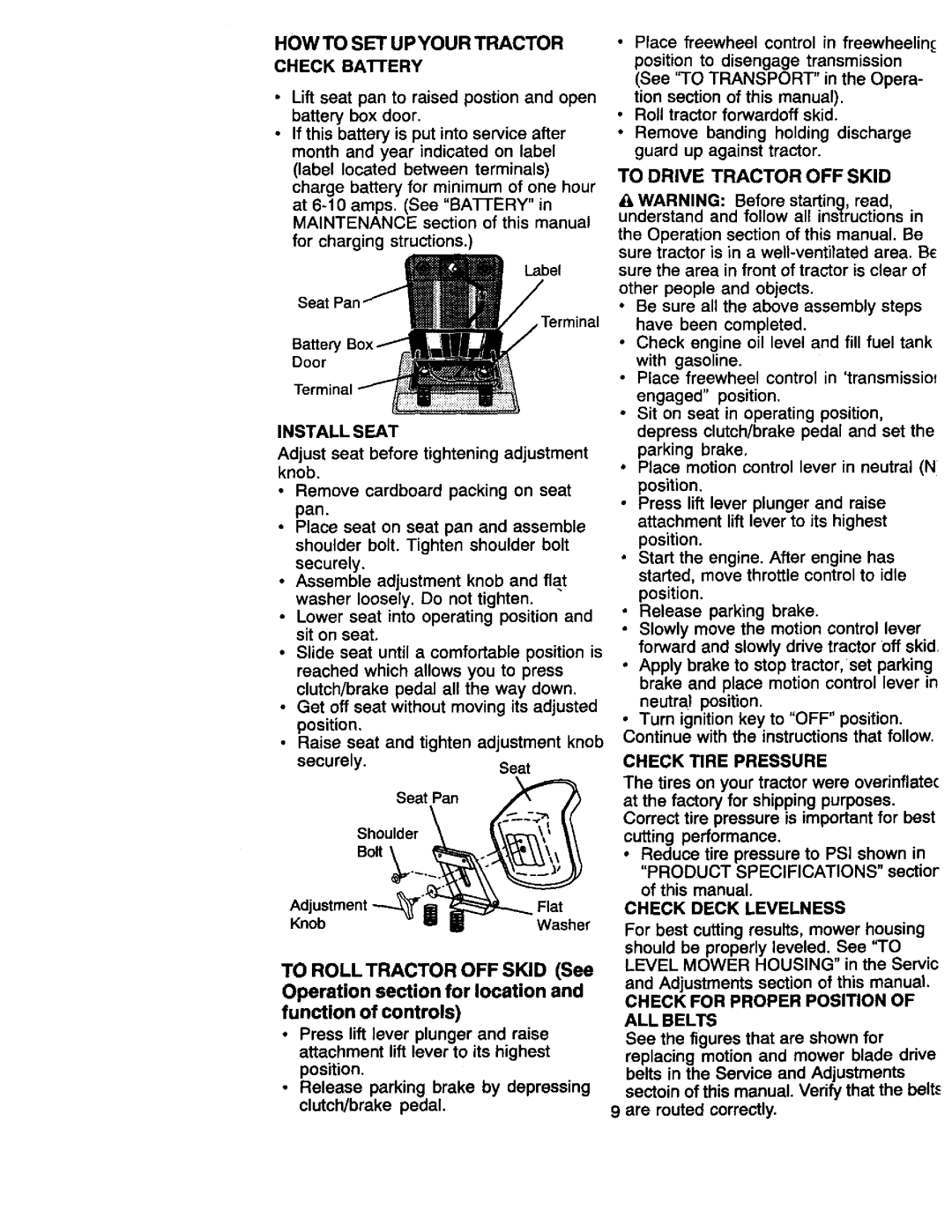 Craftsman 917.27066 owner manual To Drive Tractor OFF Skid, Install Seat, Check Tire Pressure, Check Deck Levelness 