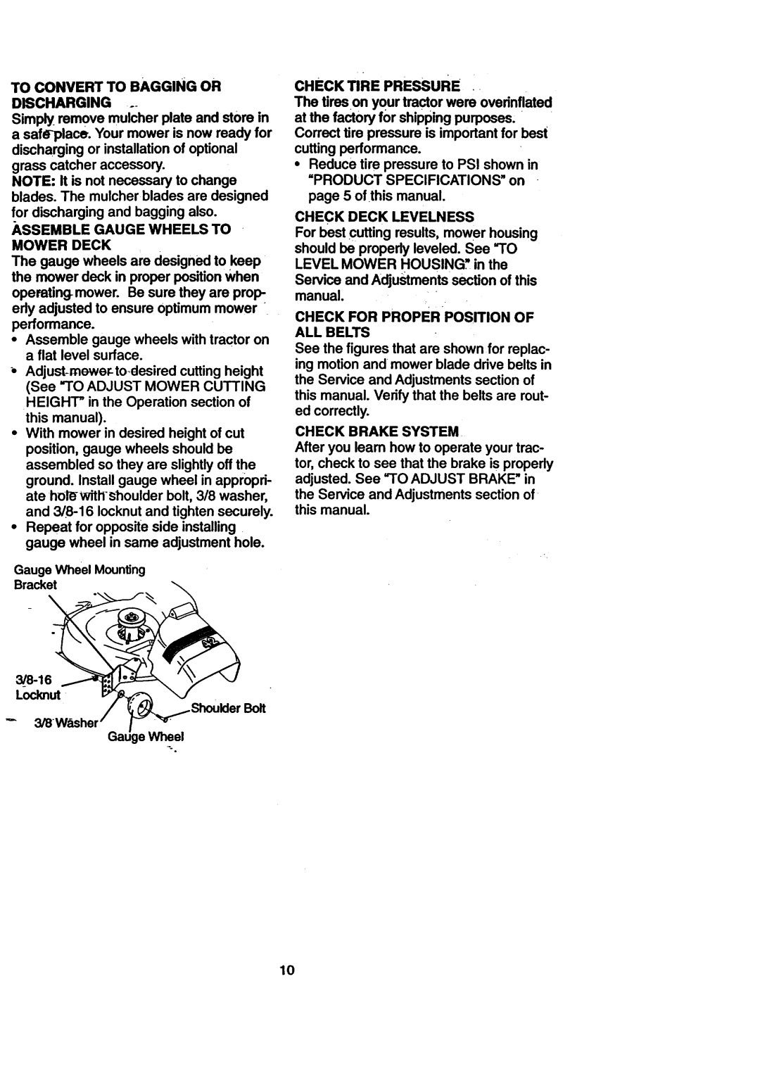 Craftsman 917.270711 To Convert to Bagging or Discharging, Ssemble Gauge Wheels to Mower Deck, Check Tire Pressure 