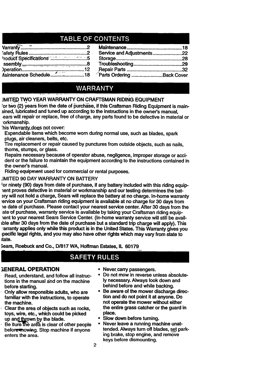 Craftsman 917.270711 owner manual Eneral Operation, Back Cover, Ears, Roebuck and Co., D/817 WA, Hoffman Estates, IL 