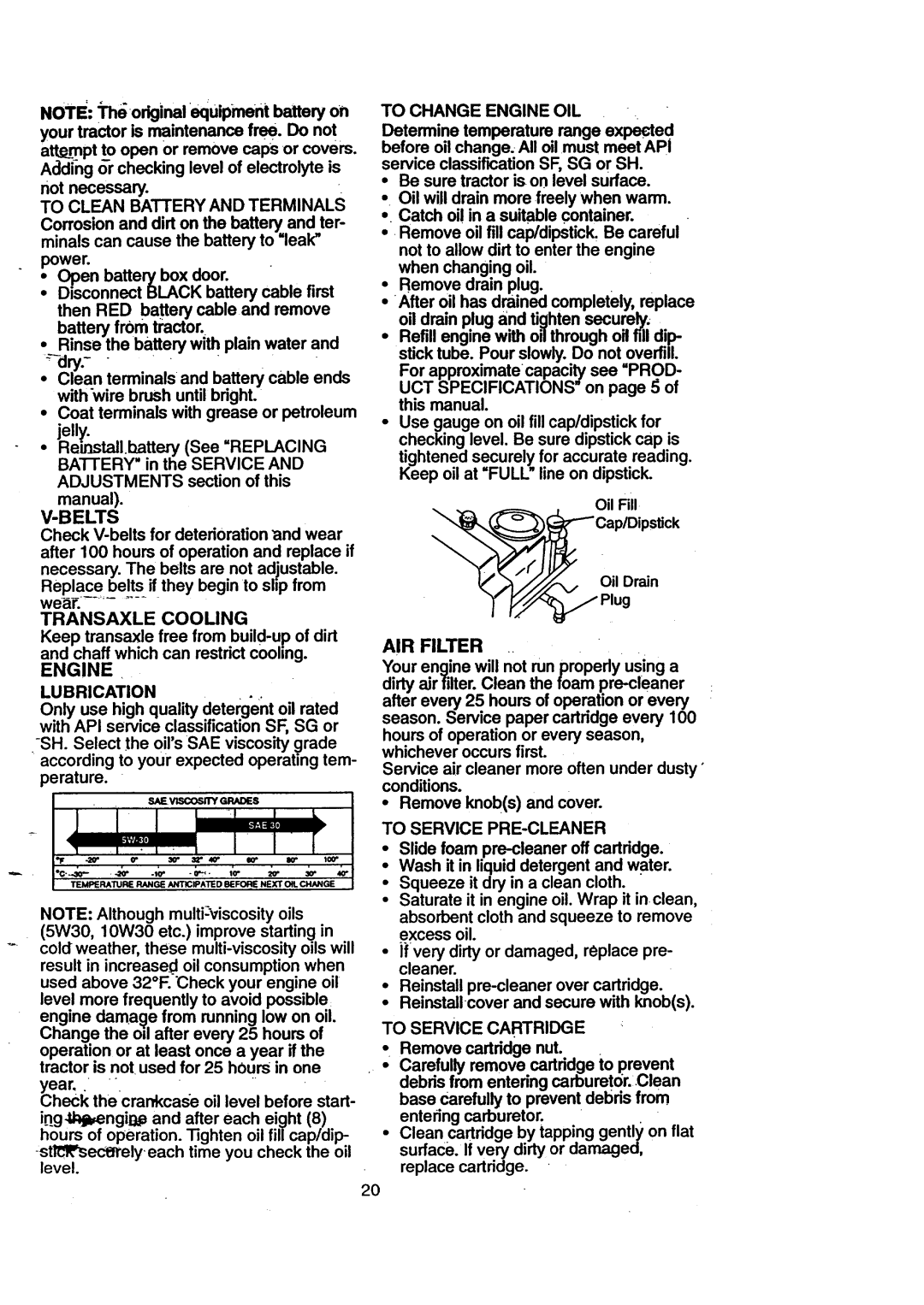 Craftsman 917.270711 To Clean Battery and Terminals, Belts, Transaxle Cooling, Engine Lubrication, To Change Engine OIL 