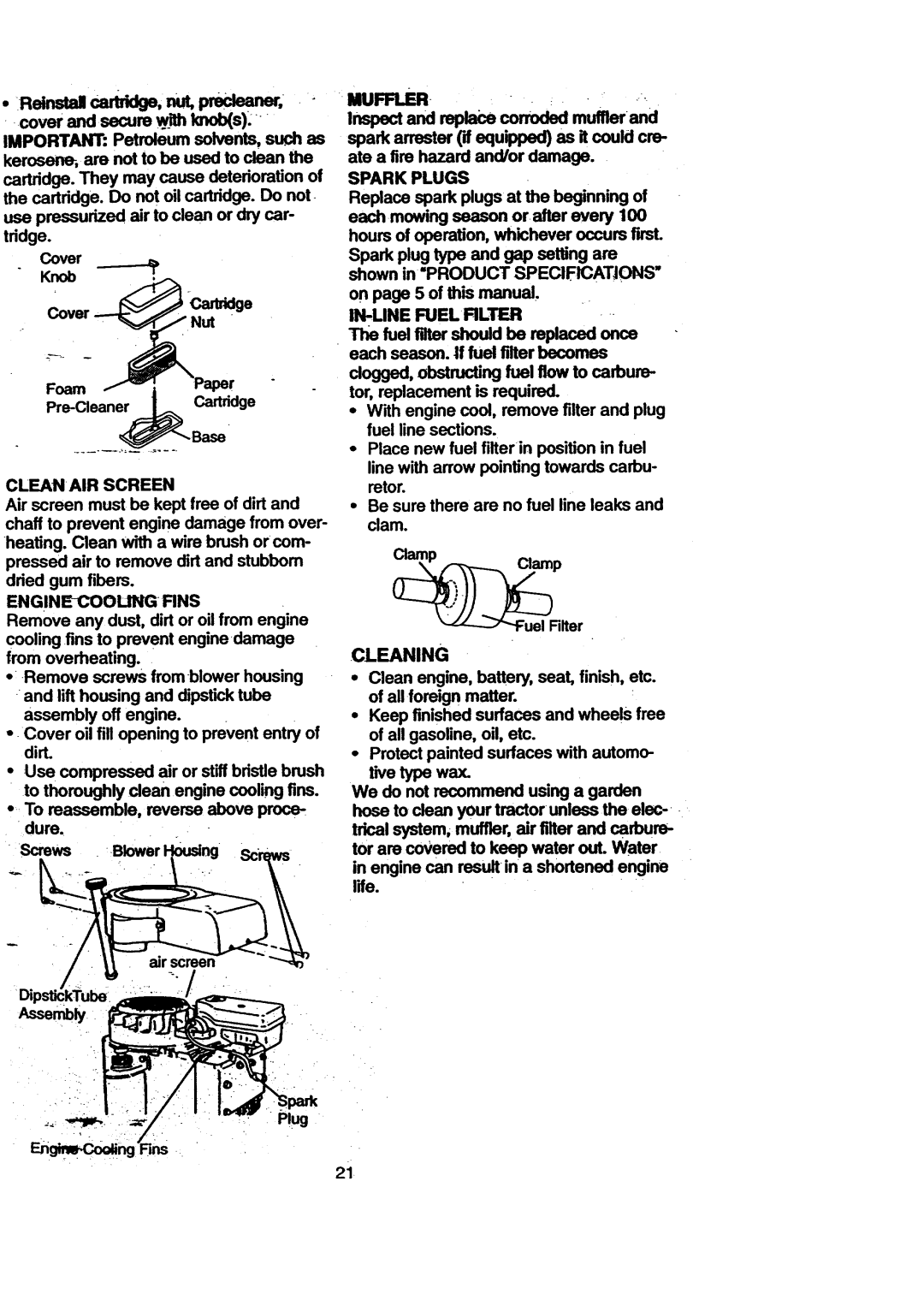 Craftsman 917.270711 owner manual Cleanair Screen, Enginecooung Fins, Spark Plugs, IN-LINE Fuel Rlter, Cleaning 