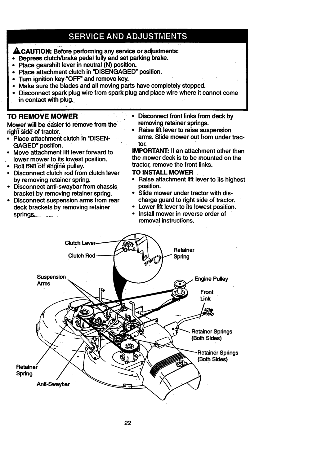 Craftsman 917.270711 owner manual To Remove Mower, To Install Mower 