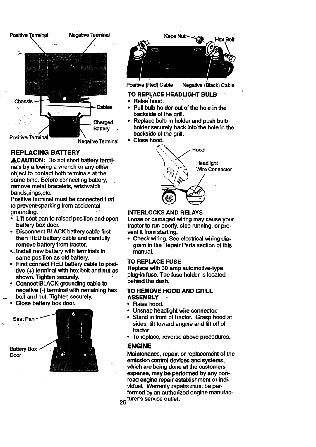 Craftsman 917.270711 owner manual Replacing Battery, Engine 