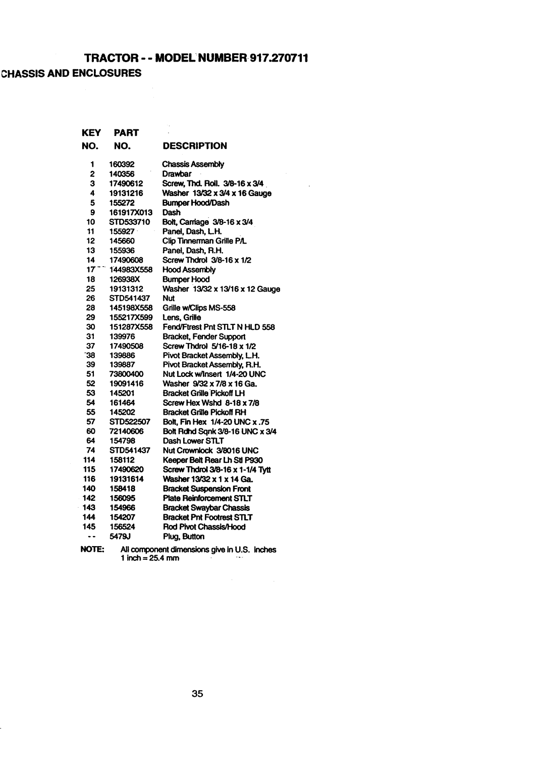 Craftsman 917.270711 owner manual BumperHood, Tractor - Model Number, BracketSwaybarChassis, KEY Part Description 