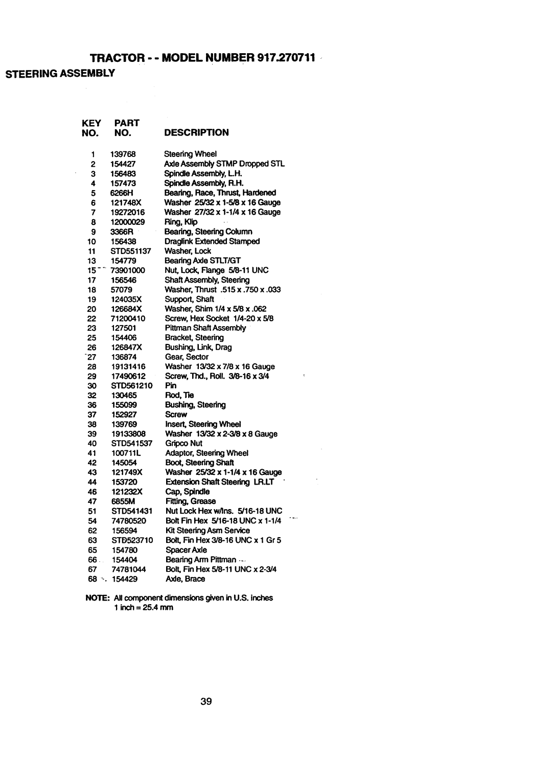 Craftsman 917.270711 owner manual Tractor - Model Number, Steering Assembly KEY Part NO. NO. Description 