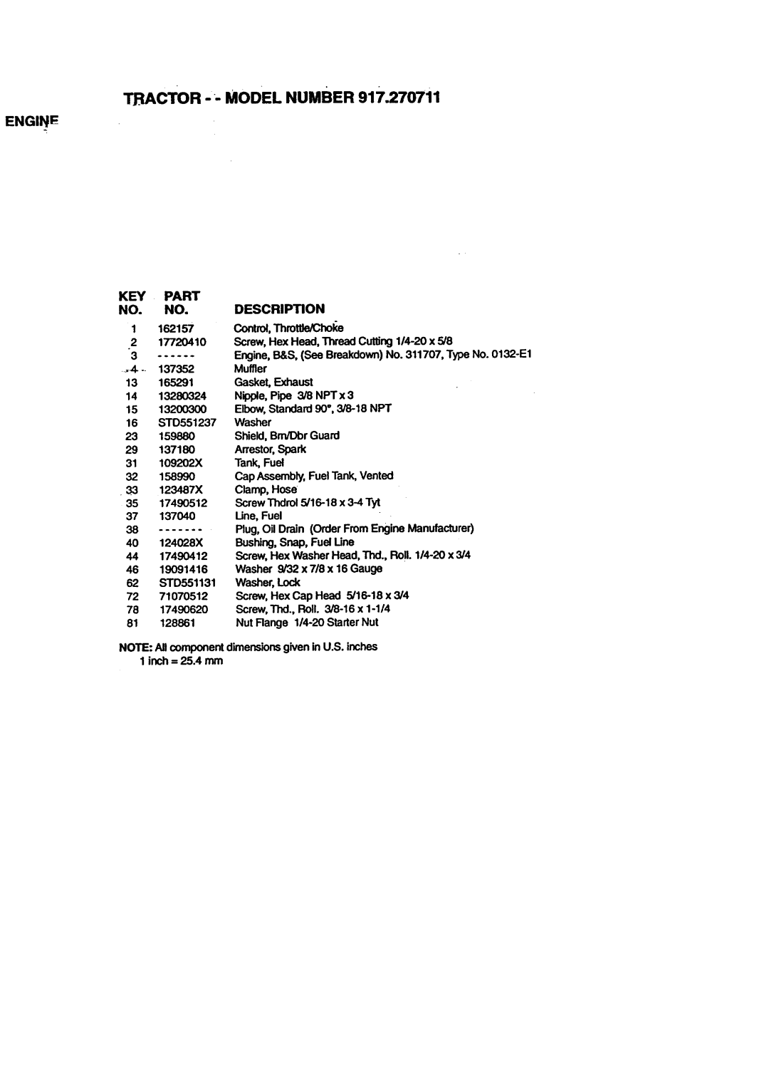 Craftsman 917.270711 owner manual Enginf, Tractor -- Model Number 