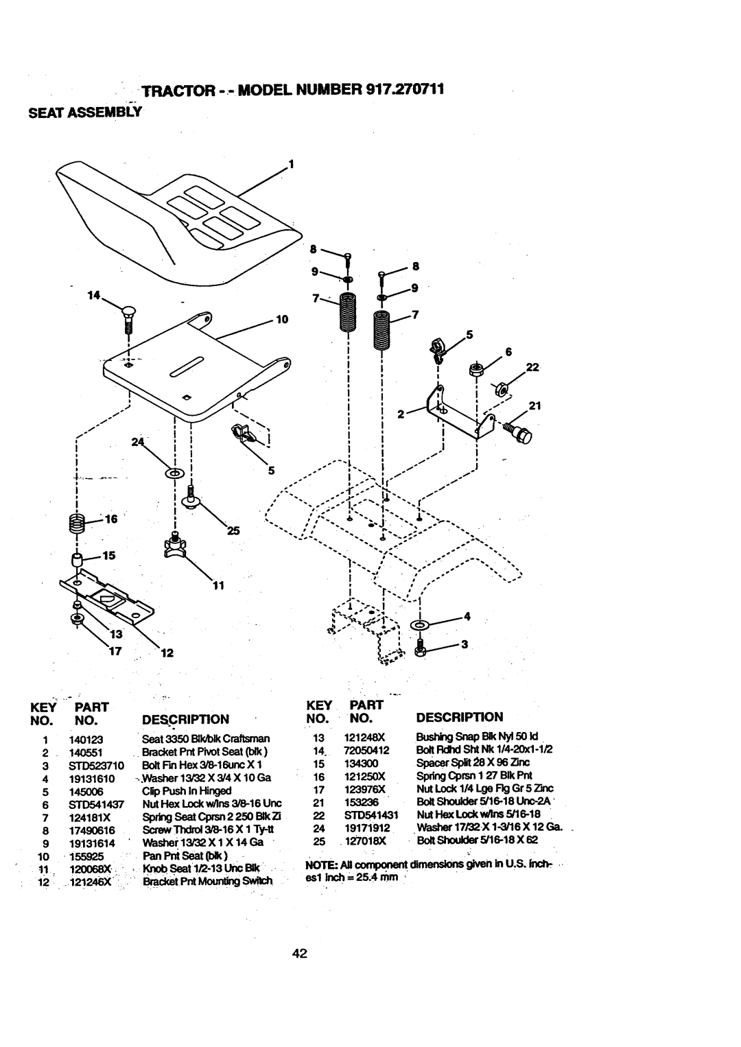 Craftsman 917.270711 owner manual TRACTOR--MODEL Number Seat Assembly, BushingSnapak NylSOId 