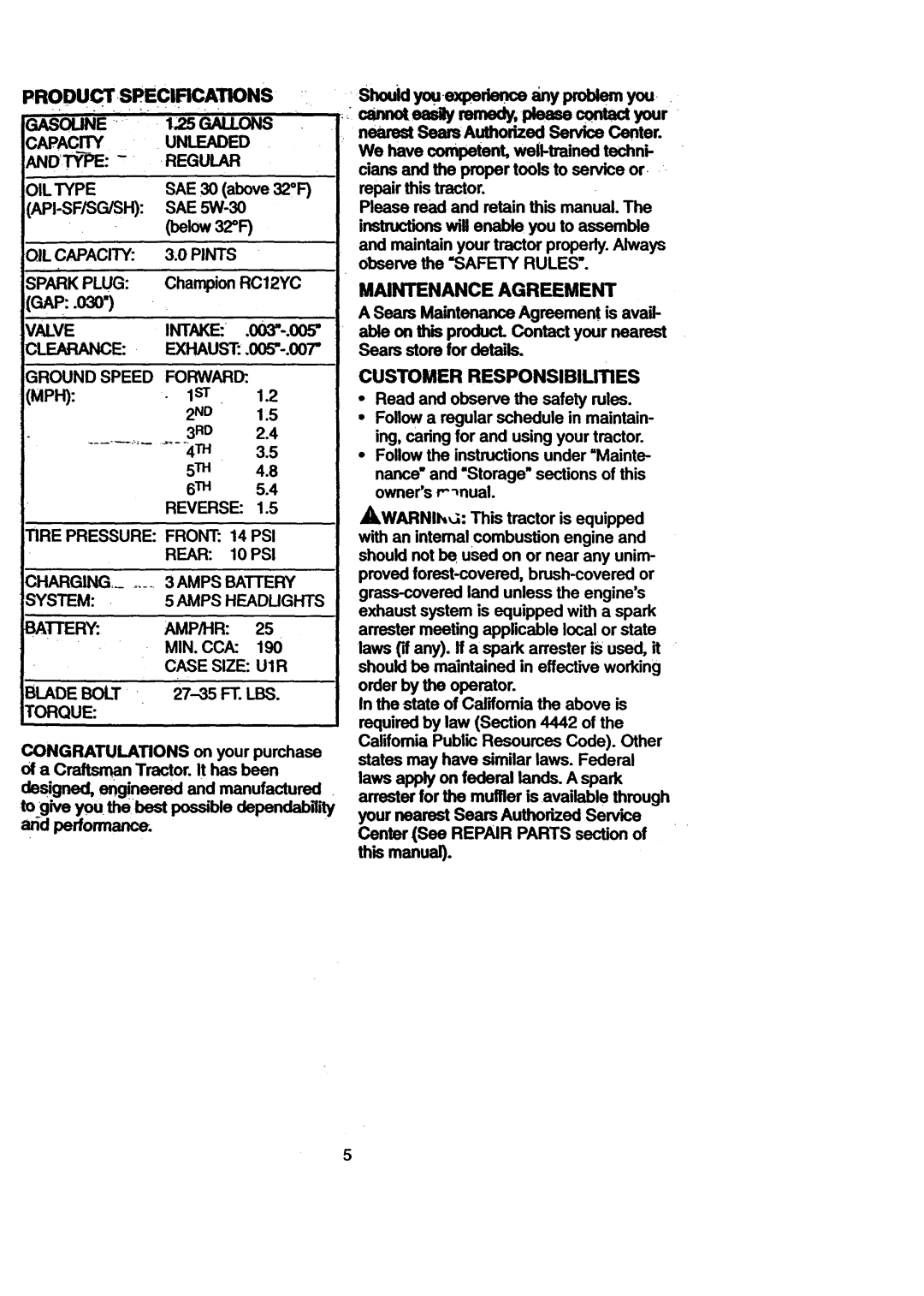 Craftsman 917.270711 owner manual Intake, Maintenance Agreement 