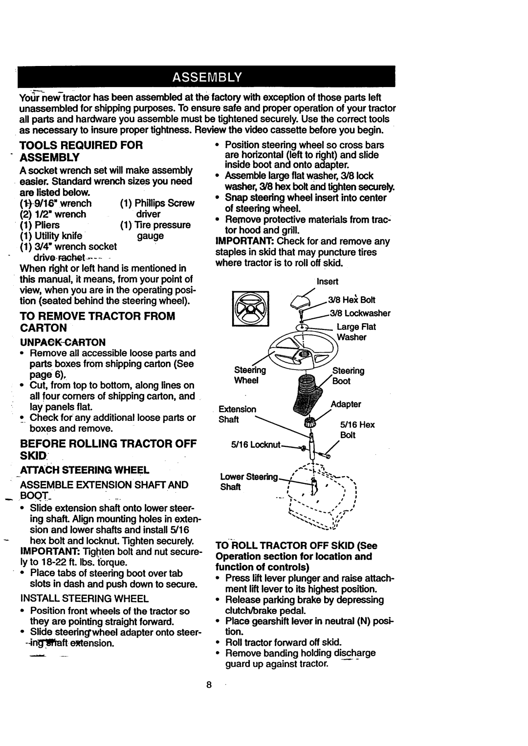 Craftsman 917.270711 owner manual Carton, To Remove Tractor from, Before Rolling Tractor OFF Skid Attach Steering Wheel 