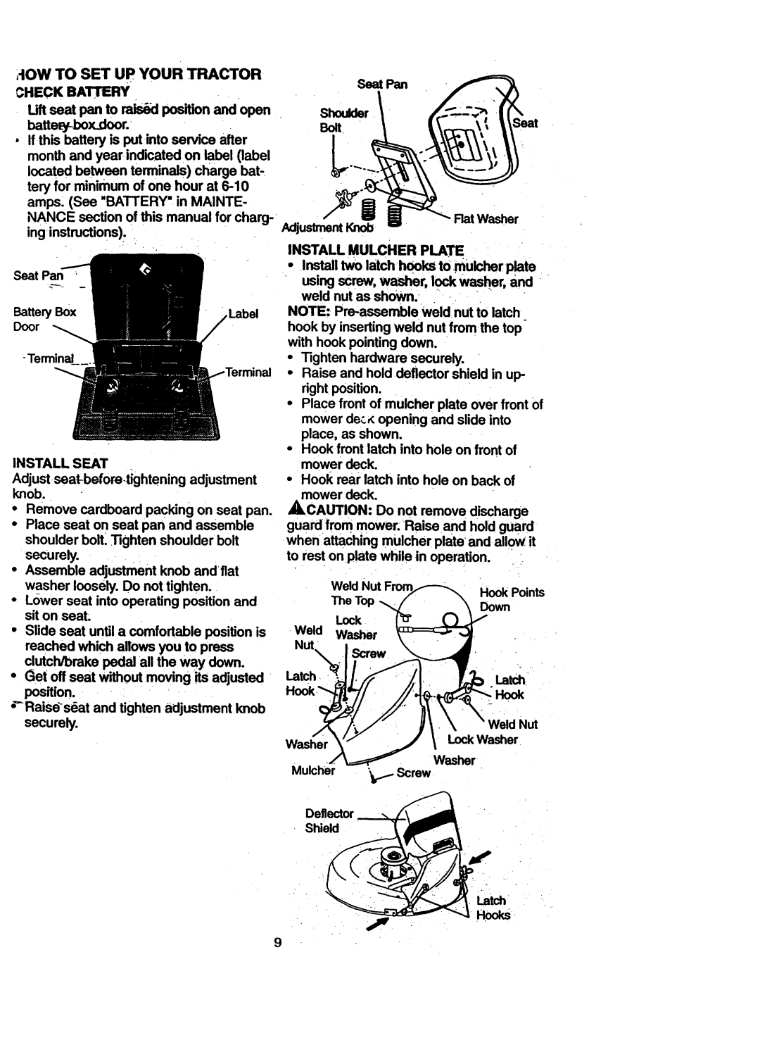 Craftsman 917.270711 owner manual Check Battery, Install Seat, Install Mulcher Plate 